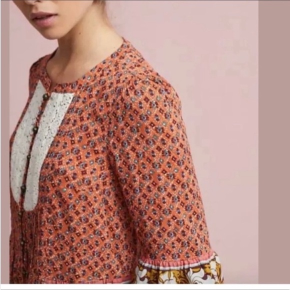 Anthropologie Maeve Hiver Flowy Peasant Blouse Top Size 6 Lace Trim Boho - Picture 3 of 7